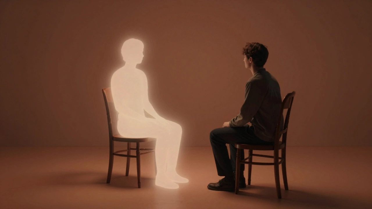 Человек перед пустым стулом в технике гештальт-терапии для проработки эмоций