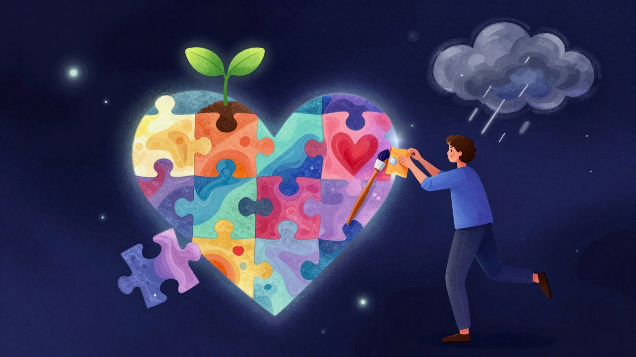 Человек собирает разноцветный пазл из символов своих жизненных ценностей