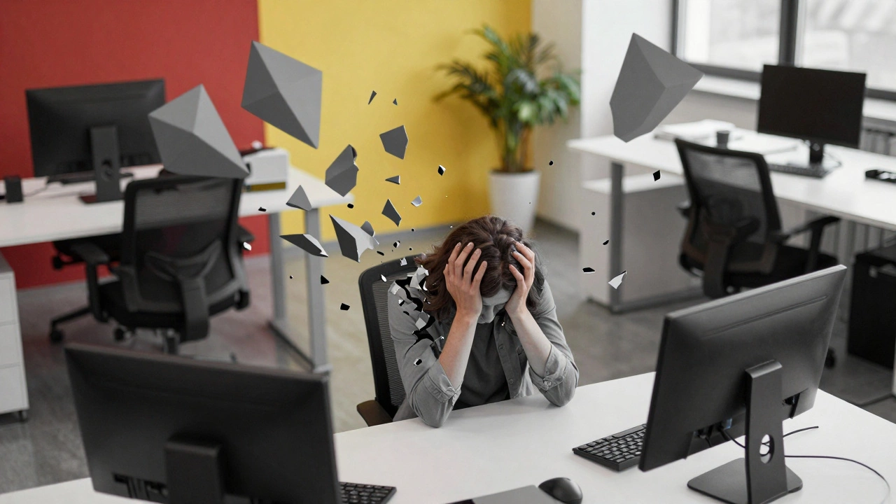 Человек в офисе, чье тело распадается на серые осколки на фоне цветного мира