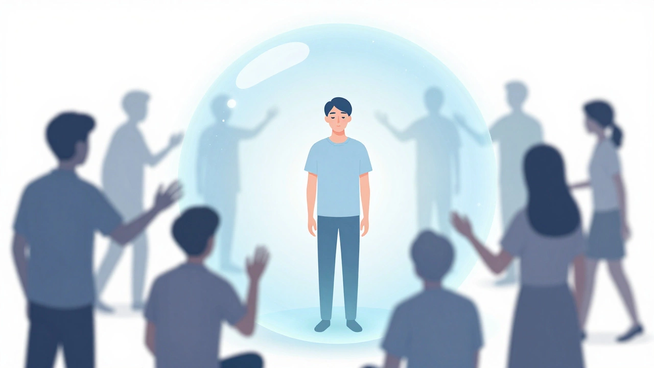 Человек внутри светящейся сферы, защищающий свои личные границы от внешнего давления