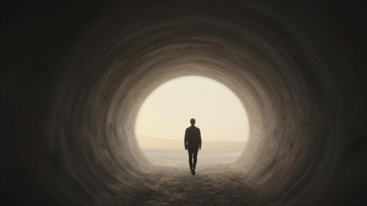 Человек выходит из темного туннеля к светлому горизонту, символизируя путь к ментальному выздоровлению.