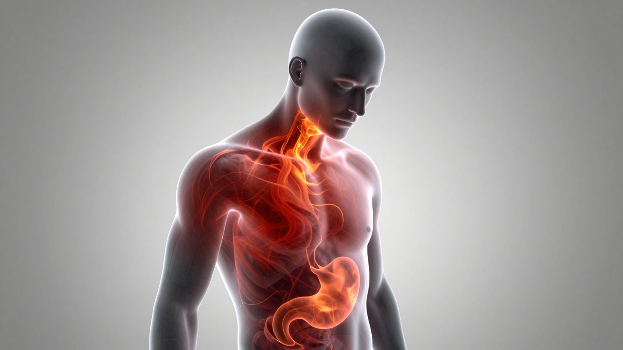 Концептуальное изображение человека с красными зонами напряжения в плечах и животе, символизирующее психосоматику.