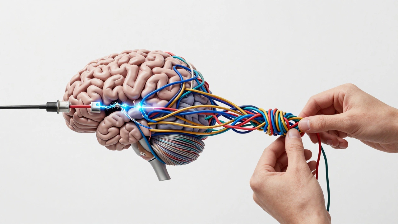 Концептуальное изображение мозга как системы проводов и распутывающихся нитей