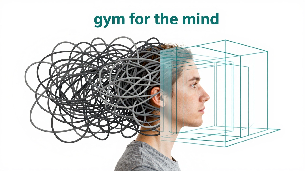 Концептуальный арт, показывающий переход от хаоса мыслей к осознанности и порядку