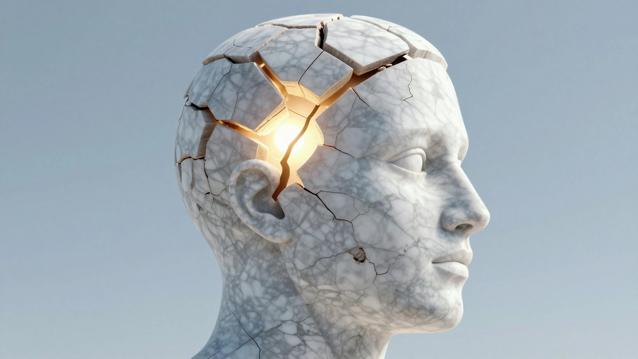 Мраморная голова человека с золотым светом, выходящим из трещин