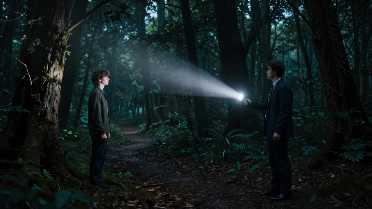 Психолог с фонариком подсвечивает путь в темном лесу подсознания