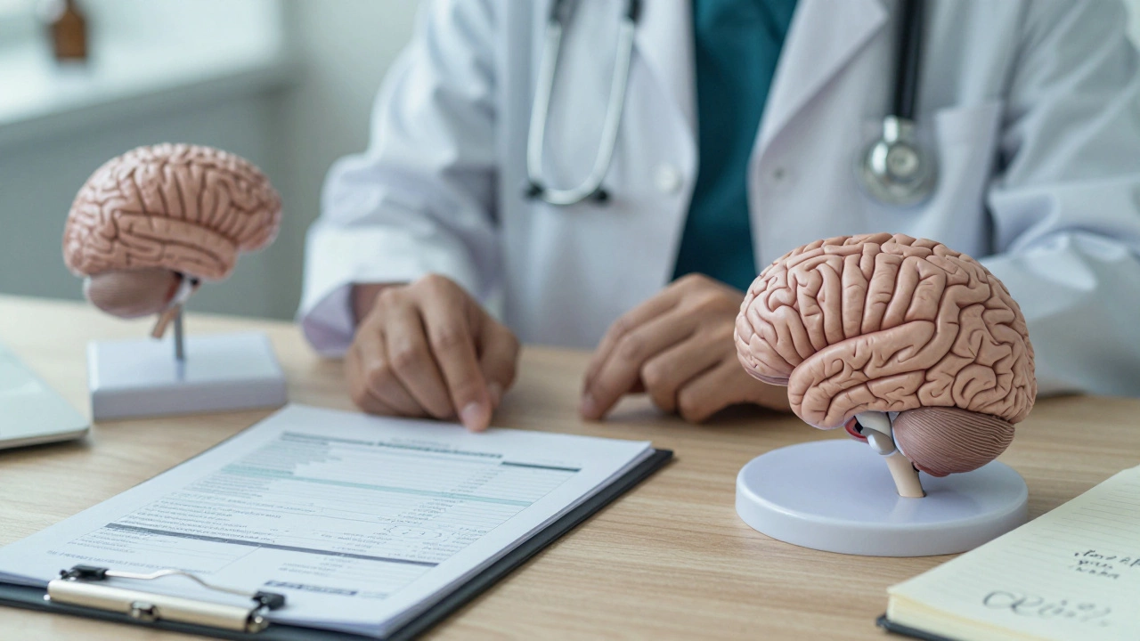 Рабочий стол клинического психолога с тестами и моделью человеческого мозга