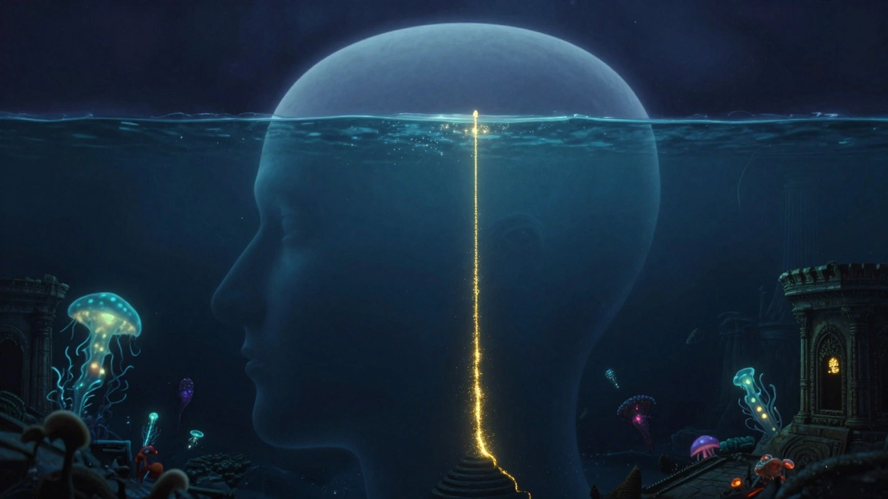 Сюрреалистичное изображение подсознания как глубокого океана с золотой нитью осознанности