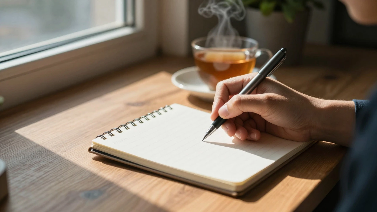 Close-up of a hand writing in a notebook by a sunlit window