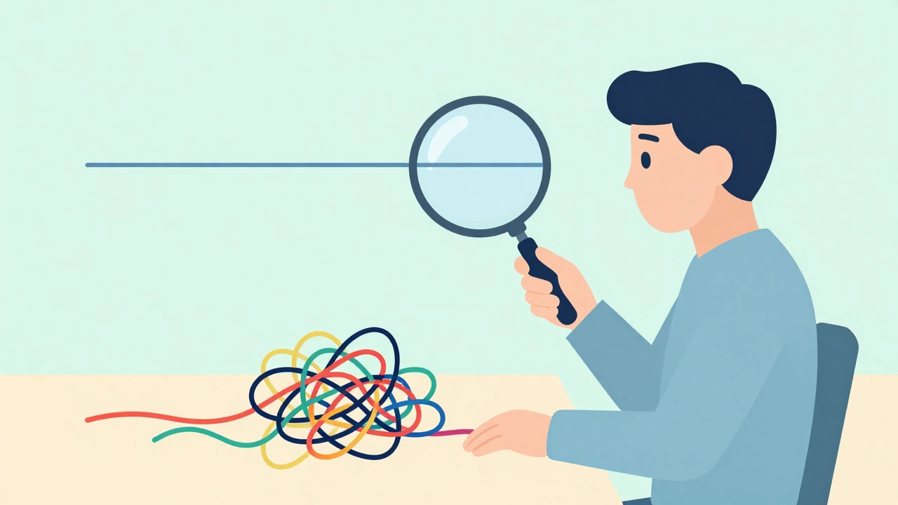 Minimalist illustration of untangling a knot of threads through a magnifying glass